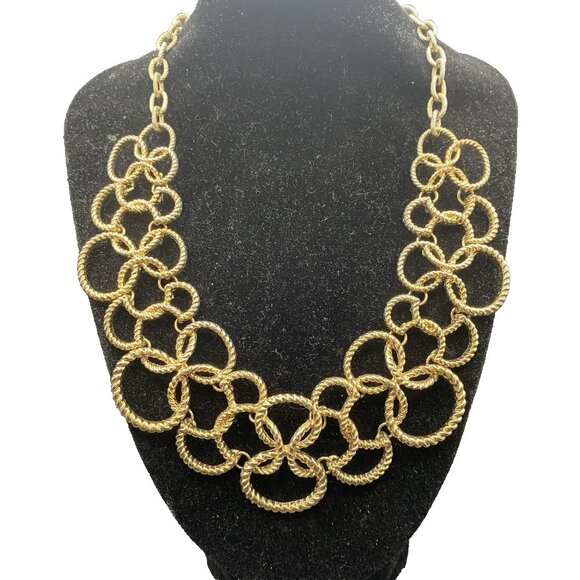 Gold Tone Rope Circle Bib Statement Necklace 15-18" Adjustable Layering Scallop - Picture 1 of 5